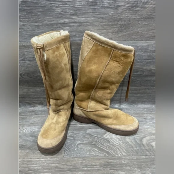 UGG vintage brown tan leather tall Drawatring boots sheepskin Platform Sherpa 9 - Picture 6 of 12